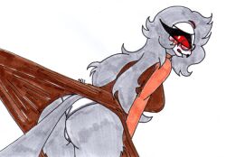 anthro ass avian big_butt bird blush breasts claws clothed clothing demon eyewear fangs feathers female female_stolas fur glasses grey_body grey_feathers helluva_boss multi_eye open_mouth owl owl_demon panties partially_clothed red_eyes rule_63 simple_background skeleslay solo stolas_(helluva_boss) teeth thick_thighs traditional_media_(artwork) underwear