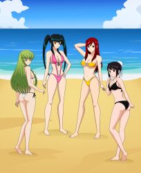 4girls ass back beach bikini bleach breasts c.c. code_geass crossover erza_scarlet fairy_tail female female_only gundam gundam_00 happy_trance highres hinamori_momo hypnosis jimryu large_breasts long_hair mind_control multiple_girls slingshot_swimsuit smile swimsuit wang_liu_mei