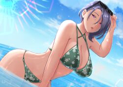 1girls alternate_costume armpit_crease bare_thighs bikini blue_hair blue_sky breasts cleavage cloud criss-cross_halter english_commentary eyewear_on_head female female_only fire_emblem fire_emblem:_three_houses glint green_bikini green_swimsuit halterneck horizon large_breasts looking_at_viewer loose_hair_strand medium_hair nintendo ocean open_mouth outdoors parted_bangs partially_submerged purple_eyes rinku_bny shamir_nevrand short_hair sky solo star_(symbol) star_print sunglasses sunglasses_on_head swimsuit thick_thighs thighs water wet