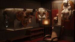 3d 3d_(artwork) 8girls anal anal_sex anthro anthro_only ball_gag blindfold blindfolded bondage bound breast domestic_cat exposed_breasts felid feline feline felis female_only furry gagged ghostoast mouth_gag trophy_room