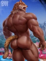 animal_head ass back_muscles big_muscles bodily_fluids felid for_a_head hi_res human jaguar king_(tekken) male male_only mammal muscular muscular_human muscular_male nude pantherine physen signature solo sweat swimming_pool tekken water