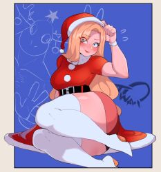 animal_costume animal_head belt belt_buckle blonde_hair blue_eyes blush boots breasts buckle calgary_callie embarrassed eyeliner female female_only hat high_heel_boots high_heels highres lipstick long_hair looking_at_viewer makeup only_female original ornament santa_costume santa_hat smile solo solo_female symbol-only_commentary thiccwithaq thick_thighs thighhighs thighs v wristband