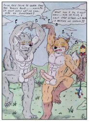 absurd_res anthro balls bodily_fluids canid canine canis cum cumming_together dancing dashthefox dire_(fortnite) duo ejaculation epic_games fennix_(fortnite) forest fortnite fox genital_fluids genitals hi_res hypnosis hypnosis_sex male male/male mammal mind_control muscular pecs plant traditional_media_(artwork) tree video_games wolf