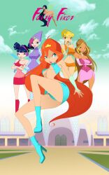 4kids_entertainment 5girls big_breasts blonde_hair bloom bloom_(winx_club) blue_hair bodysuit brown_hair charmix clothing fairy fairy_only fairy_wings female female_only flora flora_(winx_club) flying glitter headphones juiceshooters long_hair looking_at_viewer multiple_girls musa musa_(winx_club) nickelodeon nipple_bulge pink_hair purple_bodysuit rainbow_(animation_studio) red_hair short_hair sparkles stella_(winx_club) tecna tecna_(winx_club) upskirt wings winx_club