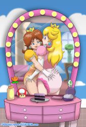 2girls 34qucker blonde_hair blue_eyes brown_hair cake crown diaper earrings fire_flower gloves long_gloves long_hair mario_(series) mirror multiple_girls mushroom nintendo orange_diaper pink_diaper princess_daisy princess_peach royalty short_gloves short_hair super_mario_bros. yoshi_egg