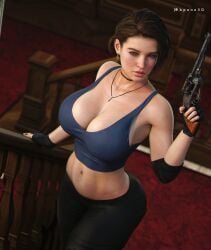 1girls 3d absurd_res apone3d breasts brown_hair capcom choker cleavage female female_only fingerless_gloves firearm gloves green_eyes gun handgun hi_res human jill_valentine jill_valentine_(sasha_zotova) large_breasts light-skinned_female light_skin looking_at_viewer midriff necklace pale_skin resident_evil resident_evil_3 resident_evil_3_remake revolver solo tank_top tight_clothing weapon yoga_pants