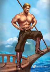 1boy andriusdraws blonde_hair brown_eyes caucasian caucasian_male clothed clothing hands_on_hips jacob_holland looking_at_viewer male male_focus male_only muscles muscular muscular_male nipples posing revealing_clothes shirtless_male short_hair smile solo the_sea_beast watermark