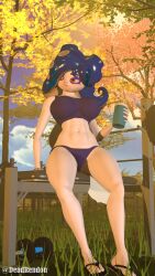 after_exercise alternate_version_available blue_hair deadrendon dumbbell female female_focus female_only flip_flops looking_to_the_side navel_piercing octarian octoling octoling_girl orange_eyes outside purple_bra purple_panties sandals splatoon splatoon_2 thermos tree weight_bench