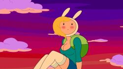 1girls accurate_art_style adventure_time alternate_breast_size backpack blonde_hair blush breasts bunny_ears bunny_hood canonical_scene cartoon_network cleavage cleavage_overflow cloud clouds edit female female_only fionna_the_human_girl screenshot screenshot_edit skirt solo stockings thighhigh_socks thighhighs white_stockings yetig