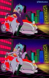 absurd_res anthro bike_(disambiguation) caliluminos canid canine canis clothing female hi_res mammal neon_grid solo suit synthwave wolf