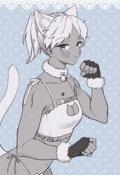 bell_collar blush cat_ears cat_lingerie cat_tail catgirl cleavage cleavage_cutout collar dark-skinned_female dark_skin expressionless female female_only fingerless_gloves fur_collar genderswap_(mtf) gloves himuro_ryo jek9997_k kengan_(series) kengan_ashura lingerie looking_at_viewer ponytail rule_63 side-tie_panties small_breasts solo solo_female tattoo white_hair