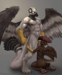 animal_genitalia anthro ass avian balls beak big_dom_small_sub bird bodily_fluids dominant feathers feet genitals hi_res male male/male muscular oral paws penis sheath size_difference sweat thejoyfuldragon worship