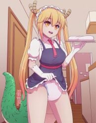 1girls blonde_hair breasts diaper dragon_tail dress_lift female holding_tray large_breasts lazyblazy lazyblazy_(artist) maid maid_headdress maid_uniform miss_kobayashi's_dragon_maid red_eyes solo solo_female tie tohru_(dragon_maid) twintails