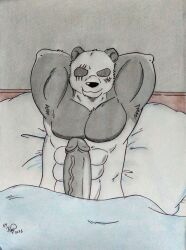 abs anthro beastars bed black_penis dashthefox erection furniture genitals gouhin hi_res male male/male male_only mammal muscular pecs penis scar smile solo traditional_media_(artwork)