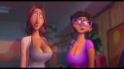 3d alternate_breast_size big_breasts breast_envy breasts cleavage curly_hair earrings edit envy fake_breasts glasses hailey_posey huge_breasts large_breasts linda_mitchell long_cleavage long_hair milf mother nipple_bulge screenshot screenshot_edit t-shirt the_mitchells_vs._the_machines yetig yuri