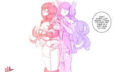 2girls brighid_(xenoblade) diaper diaper_under_clothing dress female female_only hands_on_shoulders line_art long_hair military_uniform mommy_kink morag_ladair_(xenoblade) multiple_girls nintendo short_hair sketchmandl text text_bubble xenoblade_(series) xenoblade_chronicles_2