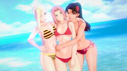 3d 3girls alternate_hairstyle arm_around_neck arms_around_waist bikini blonde_hair blue_eyes brown_eyes brown_hair female female_only friends fully_clothed green_eyes hugging ino_yamanaka koikatsu landscape long_hair looking_at_viewer multiple_girls naruto naruto_(series) naruto_shippuden ocean one_eye_closed outdoors pink_hair ponytail sakura_haruno shepirotcloud sticking_out_tongue swimsuit tenten tied_hair tongue tongue_out water