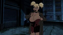 1girls accurate_art_style alley alleyway alternate_breast_size batman_(series) batman_and_harley_quinn big_breasts black_lipstick blonde_hair blue_eyes breasts choker coat corset dc dc_comics dcamu dress edit female female_only harleen_quinzel harley_quinn huge_breasts massive_breasts opening_jacket pigtails screenshot screenshot_edit skirt solo tagme twintails yetig