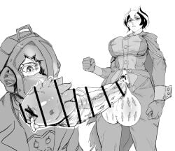 1boy 1futa 2022 balls bar_censor bearthing big_balls big_breasts big_penis bondrewd breasts censored clothed clothing dialogue duo erection futadom futanari gaping_urethra genital_piercing gigantic_penis gigantic_testicles height_difference helmet huge_balls huge_cock human humanoid humanoid_penis hyper_penis imminent_oral imminent_sex looking_at_penis made_in_abyss male malesub mask masked_male monochrome mostly_clothed nipple_bulge ozen penis penis_out penis_piercing piercings precum precum_drip pubic_tattoo short_hair standing tattoo text unusual_penis urethra