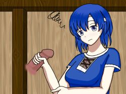 1boy 1girls annoyed blue_eyes blue_hair breasts catria_(fire_emblem) disembodied_penis female female_focus fire_emblem fire_emblem:_mystery_of_the_emblem fire_emblem:_shadow_dragon_and_the_blade_of_light frown handjob headband kenchu looking_away male medium_breasts medium_hair nintendo penis questionable_consent solo_focus