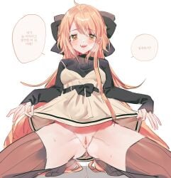 black_thighhighs blonde_hair blush breasts clothes_lift dress dress_lift female full_body hair_ribbon highres korean_commentary koyashaka liss_meier_(koyashaka) long_hair long_sleeves looking_at_viewer open_mouth original pinafore_dress pussy ribbon smile solo spread_legs spread_pussy thighhighs translation_request white_background yellow_eyes