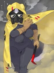 1girls anthro areolae black_fur breasts crowbar female female_only fur furry furry_only gas gas_mask gloves hi_res hooded_cloak kame_3 nipples skunk solo solo_female tail