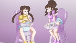 abdl blue_eyes brown_hair diaper double_bun eating eating_food food_on_face high_chair hilda_(pokemon) nintendo pokemon pokemon_bw pokemon_bw2 ponytail purple_shirt rosa_(pokemon) sketchmandl yellow_shirt