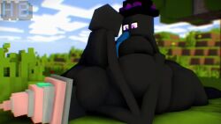 1boy 2girls 3d 3d_(artwork) ass_smothering blue_eyes blue_penis boobjob enderman enderwoman hbtheender minecraft outside watermark witch_hat