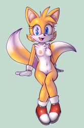 anthro breasts canid canine casual cheek_tuft chest_tuft collaboration ellie_prower exposed_torso female female_only footwear fours_(artist) fox gloves handwear hi_res mammal nipples open_mouth pinup pose rule_63 sega shazy_(artist) sitting small_breasts smile solo sonic_(series) sonic_the_hedgehog_(series) tails tailsko tongue