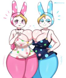 2girls animal_crossing anthro barely_visible_genitalia barely_visible_pussy big_breasts breasts chrissy_(animal_crossing) cleavage clothed clothing duo female female_only francine_(animal_crossing) fur furry furry_only half-closed_eyes heart hi_res huge_breasts ineffective_clothing large_breasts mammal nintendo pussy rabbit sister startop tail thick_thighs thunder_thighs wide_hips