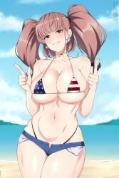 1girls alternate_costume american_flag_bikini anchor_hair_ornament atlanta_(kantai_collection) beach bikini blue_shorts blue_sky breasts brown_hair cleavage cloud collarbone cowboy_shot day denim denim_shorts earrings female female_only finger_gun flag_print grey_eyes hair_ornament highleg highleg_bikini highres huge_breasts jewelry kantai_collection lindaroze long_hair micro_shorts navel ocean outdoors revealing_clothes shorts skimpy_clothes sky solo standing star_(symbol) star_earrings swimsuit two_side_up