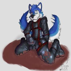 blue_body blue_fur bulge canid canine canis domestic_dog fur gimic_(character) gimp_suit harness husky leather mammal mud nordic_sled_dog pet rubber spitz toggle_(artist)