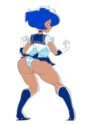 2022 angry bangs bishoujo_senshi_sailor_moon blue_hair bob_cut cartoon_network clothing cosplay dark_blue_hair digital_media hi_res high_heels lapis_lazuli_(steven_universe) large_ass looking_at_viewer looking_back looking_back_at_viewer panties panties_riding_up sailor_mercury_(cosplay) sailor_uniform school_uniform schoolgirl shimapan skirt slb steven_universe striped_panties unhappy_female