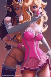 2girls arm_garter ball_gag blonde_hair blue_eyes breasts brown_hair corset death_battle dominatrix earrings femdom femsub gloves large_breasts long_gloves long_hair mario_(series) multiple_girls nintendo pink_ball_gag pink_corset pink_lingerie pink_skirt princess_peach princess_zelda purple_leggings purple_panties redroom skirt skirt_lift slave submissive submissive_female the_legend_of_zelda twilight_princess white_panties yuri zelda_(twilight_princess)