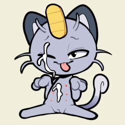 1:1 alolan_form alolan_meowth biped black_eyes bodily_fluids cum cum_on_face female feral genital_fluids genitals grey_body itsunknownanon looking_at_viewer meowth multi_nipple nintendo nipples one_eye_closed pokémon_(species) pokemon pussy regional_form_(pokémon) simple_background solo tongue tongue_out video_games whiskers