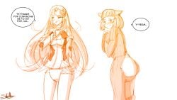 2girls breasts cat_ears catgirl diaper diaper_under_clothing dress line_art long_hair medium_breasts multiple_girls mythra nia nintendo short_hair sketchmandl text text_bubble xenoblade_(series) xenoblade_chronicles_2