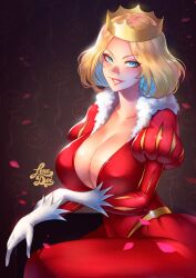 1girls big_breasts blonde_female blonde_hair blue_eyes cleavage crown dress female female_only gloves large_breasts lena_dai lenadai ousama_ranking queen queen_hilling ranking_of_kings royalty solo thick_thighs