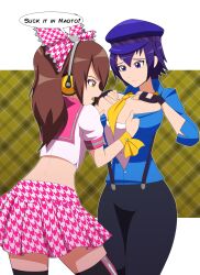 2021 2girls big_breasts blue_eyes blue_hair bow breasts brown_hair clothing dialogue fingerless_gloves fully_clothed hat headphones kojiro-brushard kujikawa_rise long_hair midriff open_mouth persona persona_4 persona_4:_dancing_all_night shirogane_naoto short_hair skirt speech_bubble suspenders text tight_clothing twintails white_skin yellow_eyes