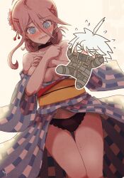 blush breasts danganronpa danganronpa_v3 embarrassed exposed_breasts h9_st iruma_miu k1-b0 keebo kiibo kimono kimono_open lace-trimmed_panties large_breasts no_bra panties straight_hair wardrobe_malfunction