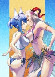 2girls after_kiss alternate_costume armlet ass ass_cleavage asymmetrical_docking bare_shoulders big_ass bikini blue_bikini blue_eyes blue_hair blue_swimsuit breast_press breasts butt_crack cleavage cleavage_cutout clothing_cutout curled_horns eye_contact female female_only fire_emblem fire_emblem_heroes flower flower_necklace freyja_(fire_emblem) freyja_(summer)_(fire_emblem) goat_horns grey_hair hand_on_hip highres horns ice_horns juunishi_aya large_breasts looking_at_another medium_breasts multiple_girls navel nifl_(fire_emblem) nifl_(summer)_(fire_emblem) nintendo official_alternate_costume official_alternate_hairstyle ponytail red_eyes red_horns saliva saliva_trail side-tie_bikini swimsuit thorns two-tone_bikini two-tone_swimsuit white_bikini white_swimsuit yuri