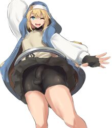 1boy androgyne_symbol androgynous arm_up bike_shorts black_gloves black_shorts black_skirt blonde_hair blue_eyes bridget bulge clothes_lift covered_penis crossdressing femboy feminine_male fingerless_gloves girly gloves guilty_gear guilty_gear_strive habit highres hood hoodie long_sleeves looking_at_viewer looking_down male male_only one_eye_closed open_clothes open_hoodie open_mouth otoko_no_ko shorts simple_background skin_tight skirt skirt_lift smile solo teenager teeth thighs tight_clothing ubanis upper_teeth white_background