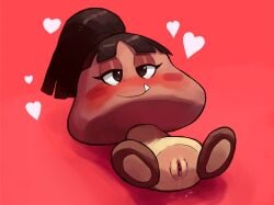 2022 blush blush_stickers bodily_fluids brown_eyes brown_hair duo eyelashes fangs female genital_fluids genitals goomba goombette_(super_mario_odyssey) hair heart lying mario_(series) mataknight nintendo on_back outta_sync ponytail pussy pussy_juice red_background simple_background smile spread_legs spreading super_mario_odyssey video_games waddling_head