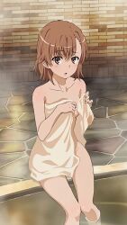 10s 1girls 2018 :o bare_hips bare_legs bare_shoulders bath bathhouse blush breasts brown_eyes brown_hair brunette censored collarbone completely_nude convenient_censoring covering feet_out_of_frame female hi_res hips human indoors looking_at_viewer matching_hair/eyes misaka_mikoto nude official_art open_mouth short_hair sitting small_breasts solo solo_female steam tapestry teenage_girl teenager thighs to_aru_kagaku_no_railgun to_aru_majutsu_no_index towel water wet young