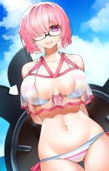 1girls 2022 bikini breasts casul fate/grand_order fate_(series) female female_only glasses hair_over_one_eye hi_res hips large_breasts mash_kyrielight outdoors pink_hair posing_with_weapon purple_eyes shield short_hair slim_waist smile striped_bikini thigh_gap weapon wide_hips