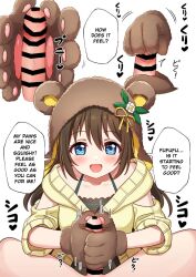 1boy 1girls :d animal_ears bar_censor bear bear_ears bear_girl blue_eyes blush brown_hair censored deadnoodles_(@deadnooodles) english_text eyebrows_visible_through_hair female glansjob gloved_handjob gloves handjob highres light-skinned_female light-skinned_male light_skin looking_at_penis love_live! love_live!_nijigasaki_high_school_idol_club open_mouth ousaka_shizuku paw_gloves paws penis straight translated