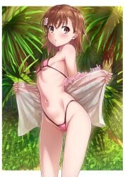 1girls :< armpits artist_name ass_visible_through_thighs bangs bare_hips bare_shoulders bikini blush border breasts brown_eyes brown_hair closed_mouth collarbone detailed_background feet_out_of_frame female hair_ornament hi_res hips isshi_pyuma looking_at_viewer milf misaka_mikoto navel outdoors outside_border palm_tree pink_bikini short_hair small_breasts solo swimsuit teenage_girl teenager to_aru_kagaku_no_railgun to_aru_majutsu_no_index tree twitter_username white_border young