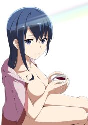 blue_eyes blue_hair breast_hold breasts commentary_request cup female hai_to_gensou_no_grimgar highres holding holding_cup jacket jacket_on_shoulders long_hair looking_at_viewer medium_breasts merry_(grimgar) sanohiramugi simple_background smile solo tea teacup white_background