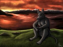 absurd_res anthro black_body black_fur calm canid canine canis digital_media_(artwork) digital_painting_(artwork) dusk facial_piercing fur grass hex hex_(satanic-furry) hi_res jackal labret_piercing lake landscape lip_piercing male mammal mountain nude orange_sky piercing plant relaxing sitting sky solo sunset warmtone yenocwolf