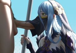 1boy 1girls alternate_costume azura_(fire_emblem) azura_(performing_arts)_(fire_emblem) blue_hair breasts covered_mouth elbow_gloves erection fellatio fellatio_under_mask fellatio_under_veil female female_focus fingerless_gloves fire_emblem fire_emblem_fates fire_emblem_heroes gloves hair_between_eyes headdress jornyhail long_hair male male_pubic_hair mask mouth_mask mouth_veil nintendo official_alternate_costume open_mouth oral penis profile pubic_hair small_breasts solo_focus spear staff straight sucking uncensored veil veins veiny_penis weapon yellow_eyes