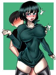 1boy 1boy1girl 1girls absurd_res angry angry_face bangs belly belly_button big_breasts black_thighhighs blush bob_cut boots breasts clothed clothing covered_navel covered_nipples curvaceous curvy curvy_female curvy_figure dark_green_hair dark_hair dress dress_lift dress_up eyelashes female female_focus fringe front_view fubuki_(one-punch_man) green_dress green_eyes green_hair groping groping_breasts groping_from_behind high_boots highres hips legs light-skinned_female light-skinned_male light_skin long_sleeves looking_at_another looking_back male male/female medium_hair milk navel necklace nipple_bulge nipple_play nipple_tweak nipples nonosamu one-punch_man open_mouth pokies rubbing saliva saliva_trail short_hair shy skirt skirt_lift skirt_up slim slim_waist standing stomach sweat sweating thick_legs thighhighs thighs thin_waist twitching waist wide_hips